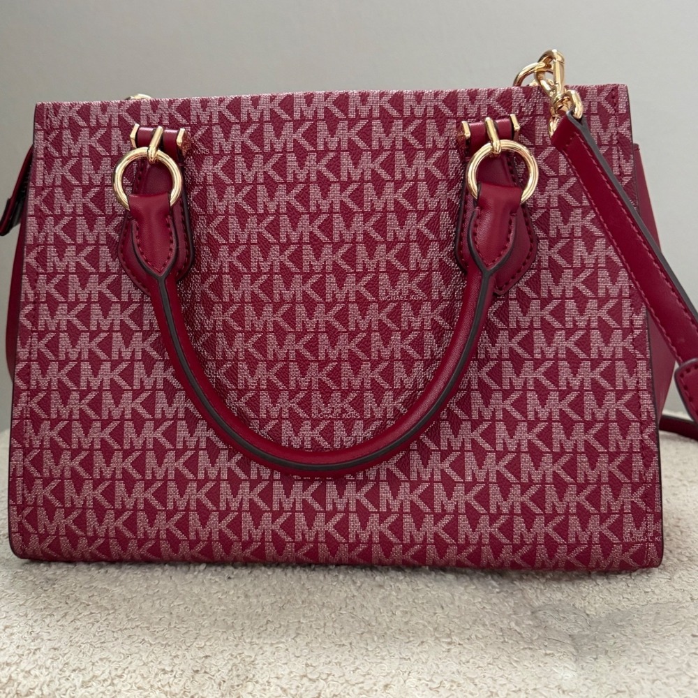 Michael Kors Burgundy Monogram Stripe Satchel Crossbody Bag and Wallet Wristlet - Picture 5 of 16